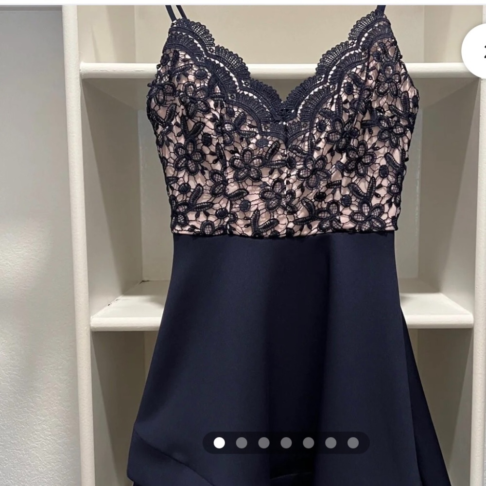 Dillards B.Darlin Navy Blue Double layer flare  bottom  W/Satin Pink under Lace
